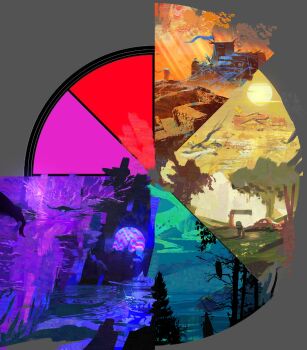 absurdres backpack bag bare_tree blue_flag building color_wheel_challenge exphrasis fish highres leaf manta_ray multiple_drawing_challenge original pine_tree scenery shadow sun tree underwater unfinished very_wide_shot