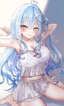 Rule 34 | 1girl, ahoge, bare shoulders, blue hair, blush, breasts, camisole, cleavage, closed mouth, collarbone, colored tips, commentary request, elf, fingernails, hair between eyes, hair ornament, hashtag-only commentary, heart, heart ahoge, highres, hololive, honnoshioriii, large breasts, long hair, looking at viewer, multicolored hair, nail polish, navel, official alternate costume, official alternate hairstyle, pink hair, pointy ears, polka dot, polka dot camisole, polka dot skirt, sitting, skirt, sleepwear, smile, solo, stomach, virtual youtuber, wariza, white camisole, white skirt, yellow eyes, yukihana lamy, yukihana lamy (roomwear)
