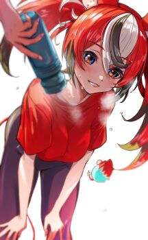 1girl 1other alternate_costume animal_ear_fluff animal_ears black_hair black_pants blue_eyes blurry_edges blush bottle breasts commentary dangling double-parted_bangs fingernails hair_between_eyes hakos_baelz hand_on_own_knee hand_on_own_leg highres holding_water hololive hololive_english iris_(tb33064667) leaning_forward mouse_ears mouse_tail mr._squeaks_(hakos_baelz) multicolored_hair pants red_hair red_shirt shirt smile steam steaming_body sweat sweatpants tail twintails uneven_twintails virtual_youtuber water_bottle white_background white_hair