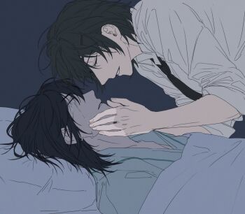 1boy 1girl black_hair black_necktie chainsaw_man closed_eyes collared_shirt commentary_request crying eyepatch hair_between_eyes hands_on_another's_cheeks hands_on_another's_face hayakawa_aki himeno_(chainsaw_man) korean_commentary medium_hair mulsu_ww necktie on_bed parted_lips pillow shirt short_hair tears under_covers upper_body white_shirt