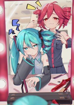2girls ahoge alternate_costume aqua_eyes aqua_hair aqua_necktie aqua_trim arm_tattoo black_skirt blush boots breasts cellphone closed_mouth collarbone collared_shirt comb commentary_request cosplay costume_switch detached_sleeves drill_hair grey_shirt hair_between_eyes hair_ornament hair_straightener hatsune_miku headset highres holding holding_phone jitome kanzaka222 kasane_teto kasane_teto_(utau) long_hair long_sleeves looking_at_another looking_at_viewer miniskirt mirror multiple_girls necktie number_tattoo phone pleated_skirt red_eyes red_hair red_necktie red_trim ribbon shirt skirt small_breasts smartphone smile tattoo thighhighs twin_drills twintails utau very_long_hair vocaloid wide_sleeves zettai_ryouiki