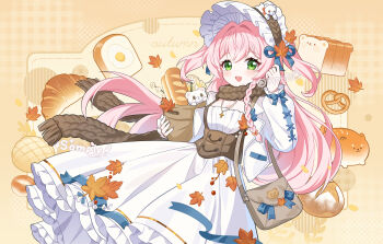 Rule 34 | 1girl, :d, absurdres, autumn leaves, aye roujiang, bag, baguette, bear, blush, bonnet, braid, bread, bread slice, breasts, brown scarf, chinese commentary, commentary request, dress, food, frills, green eyes, hat, highres, holding, jacket, leaf, long hair, long sleeves, looking at viewer, open mouth, original, paper bag, pink hair, scarf, smile, solo, toast, two side up, white dress