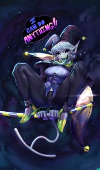 1girl blue_shirt breasts deltarune english_text genderswap hat highres jester jester_cap jester_costume jevil jlullaby long_tongue night night_sky pointy_ears scythe sharp_teeth shirt sky star_(sky) tail teeth tongue tongue_out utdr_(toby_fox)