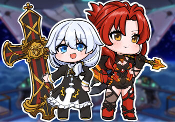 >:) 2girls :d asymmetrical_footwear black_dress black_gloves black_leotard black_pantyhose blue_eyes blurry blurry_background blush boots breasts brown_eyes chibi cleavage closed_mouth commentary_request cross depth_of_field dress gloves grey_hair hand_on_own_hip highres holding holding_sword holding_weapon honkai_(series) honkai_impact_3rd juliet_sleeves leotard long_sleeves looking_at_viewer medium_breasts medium_hair mokkyo_(motkyo) multiple_girls murata_himeko open_mouth outline over_shoulder pantyhose parted_bangs petticoat puffy_sleeves red_boots red_hair smile standing sword sword_over_shoulder theresa_apocalypse theresa_apocalypse_(valkyrie_pledge) v-shaped_eyebrows weapon weapon_over_shoulder white_outline