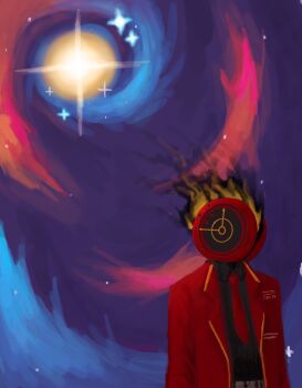Rule 34 | 1other, androgynous, belt, black shirt, burning, coat, dante (limbus company), faceless, galaxy, head tilt, highres, ilofsqq, limbus company, necktie, project moon, prosthetic head, red coat, red necktie, shirt, solo, sparkle, standing, swirl