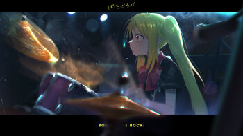 1girl absurdres black_shirt blonde_hair bocchi_the_rock! bow bowtie closed_mouth commentary_request concentrating copyright_name cr_iws_t_72 cymbals drum drum_set from_side highres ijichi_nijika instrument letterboxed long_hair motion_blur official_alternate_costume outside_border playing_drum polka_dot polka_dot_bow polka_dot_bowtie profile red_bow red_bowtie red_eyes shirt short_sleeves side_ponytail solo upper_body