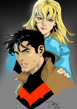 1boy 1girl bat_signal batman_(series) batman_symbol black_bodysuit black_hair bodysuit dc_comics dexter_soy highres jason_todd multicolored_bodysuit muscular oc_x_canon red_hood_(dc) red_hood_and_the_outlaws short_hair simple_background superhero_costume two-tone_bodysuit upper_body western_comics_(style)