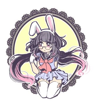 1girl angelica_(k3lly) animal_ears arm_behind_back arm_up artist_name black-framed_eyewear black_hair black_sailor_collar blouse blue_serafuku blue_shirt blue_skirt carrot character_request commentary_request commission copyright_request fake_animal_ears female_focus glasses gloves highres lace long_hair looking_to_the_side multicolored_hair pink_eyes pink_hair pleated_skirt puffy_short_sleeves puffy_sleeves rabbit_ears sailor_collar school_uniform serafuku shirt short_sleeves skirt solo square_glasses streaked_hair thighhighs twintails very_long_hair watermark web_address white_gloves white_thighhighs zettai_ryouiki