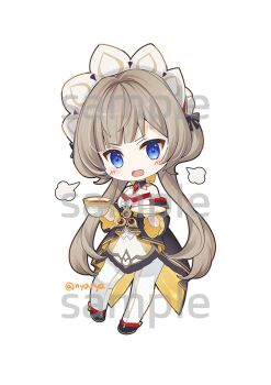 Rule 34 | 1girl, bare shoulders, black dress, blue eyes, blush, brown hair, commentary request, cup, detached sleeves, dress, genshin impact, highres, holding, holding cup, holding plate, long hair, long sleeves, looking at viewer, nyanya, open mouth, plate, puff of air, sample watermark, sandrone (genshin impact), simple background, solo, twitter username, very long hair, watermark, white background