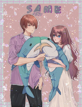 1boy 1girl :o a-chan_(little_busters!) absurdres alternate_costume black_pants blue_eyes blush brown_background brown_eyes brown_hair casual clenched_hand closed_mouth collared_shirt commentary_request couple cowboy_shot dress_shirt frown hair_between_eyes hair_ornament hairclip hand_in_pocket hetero high-waist_skirt highres holding holding_stuffed_toy hugging_object ikea_shark little_busters! long_hair long_skirt long_sleeves looking_at_another miiizuno_lbs natsume_kyousuke open_mouth outline outside_border pants parallel_hairclips pleated_skirt puffy_short_sleeves puffy_sleeves purple_shirt romaji_text shirt short_hair short_sleeves simple_background skirt stuffed_animal stuffed_shark stuffed_toy tareme tsurime very_long_hair white_outline white_skirt