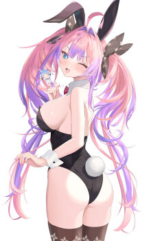 +_+ 1girl 774norango ;3 absurdres ahoge animal_ears ass back_ribbon bare_shoulders black_leotard black_ribbon blue_eyes blush bow bowtie breasts brown_thighhighs character_doll commentary detached_collar doll finger_puppet fingernails hair_intakes hair_ribbon highres hololive hololive_dev_is kikirara_vivi large_breasts leotard long_hair looking_at_viewer multicolored_hair nail_polish one_eye_closed open_mouth pink_hair pink_nails playboy_bunny puppet purple_hair rabbit_ears rabbit_tail red_bow red_bowtie ribbon simple_background smile solo strapless strapless_leotard tail thighhighs thighs twintails two-tone_hair usada_pekora virtual_youtuber white_background white_wrist_cuffs wrist_cuffs