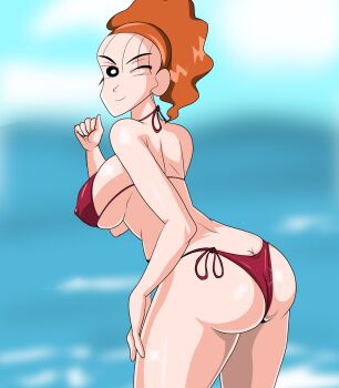 1girl absurdres bikini blurry breasts butt_crack cowboy_shot crayon_shin-chan curvy day depth_of_field high_ponytail highres kakalot595850 large_breasts looking_at_viewer looking_to_the_side oiroke one_eye_closed orange_hair outdoors ponytail shiny_skin short_hair side-tie_bikini_bottom smile solo standing swimsuit twisted_neck wink