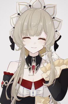 1girl bare_shoulders black_bow black_collar bow brown_hair closed_eyes closed_mouth collar detached_collar detached_sleeves dot_nose dress facing_viewer frilled_sleeves frills gem genshin_impact gloves hair_bow headdress highres iooqq long_sleeves playing_with_own_hair red_gemstone sandrone_(genshin_impact) short_hair_with_long_locks smile solo strapless strapless_dress twitter_username upper_body white_background white_gloves white_headdress