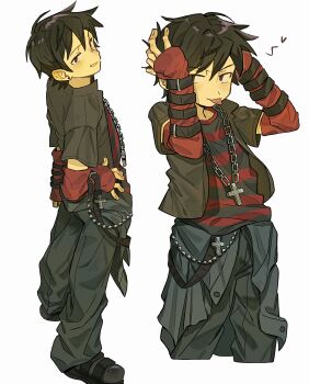 1boy absurdres adapted_costume black_hair chain chain_necklace chinese_commentary commentary_request cross cross_necklace emo_fashion fashion grey_pants hand_on_own_hip heart highres jacket jewelry male_focus multiple_views necklace open_clothes open_jacket pants pendant red_arm_warmers scott_pilgrim_(comics) scott_pilgrim_(series) shirt short_hair short_sleeves simple_background standing strap striped_clothes striped_shirt tongue tongue_out wallace_wells white_background xxyang4747