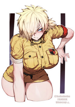 1girl blonde_hair blue_eyes bluecup breasts commentary cropped_legs english_commentary hair_over_one_eye hellsing highres large_breasts leaning_forward looking_at_viewer microskirt military_uniform one_eye_covered ponytail seras_victoria shirt short_ponytail short_sleeves skirt solo thick_thighs thighs twitter_username yellow_shirt yellow_skirt
