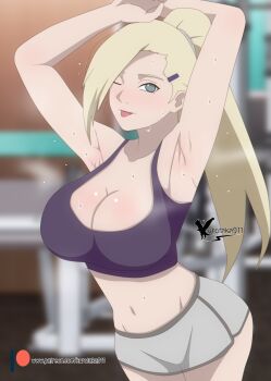 1girl absurdres agung911 aqua_eyes armpits arms_up blonde_hair blurry blurry_background blush boruto:_naruto_next_generations bra breasts curvy exercising highres large_breasts long_hair looking_at_viewer midriff naruto_(series) navel one_eye_closed ponytail purple_bra signature smile solo sweat tongue tongue_out underwear yamanaka_ino
