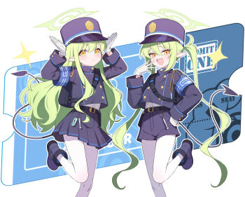 2girls :d absurdres armband black_hat black_jacket black_shoes black_shorts black_skirt blue_archive blue_armband demon_tail fuwawa_(fuwawa617) gloves green_hair green_halo halo hat highres hikari_(blue_archive) jacket long_hair looking_at_viewer multiple_girls nozomi_(blue_archive) open_mouth pantyhose pleated_skirt pointy_ears shoes shorts siblings sidelocks sisters skirt smile standing standing_on_one_leg tail twins twintails very_long_hair white_gloves white_pantyhose yellow_eyes