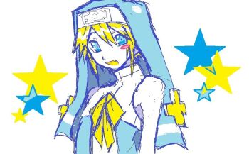 1boy :d bare_shoulders blonde_hair blue_eyes bridget_(guilty_gear) collarbone crossdressing crossdressing_(mtf) guilty_gear looking_at_viewer male_focus mars_symbol microsoft_paint_(medium) open_mouth ramchocolethal smile solo star_(symbol) star_symbol_background third-party_edit trap veil white_background
