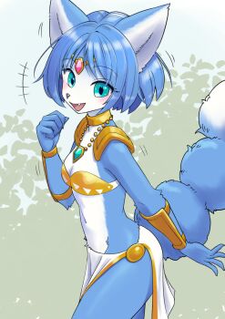 +++ 1girl abstract_background animal_ears aqua_gemstone arm_up armor bikini blue_eyes blue_fur blue_hair bracer breasts cleavage fang furry furry_female gem gold_choker highres jewelry krystal light_blush loincloth looking_at_viewer motion_lines nintendo pauldrons pelvic_curtain pendant pink_gemstone short_hair shoulder_armor small_breasts smile star_fox strapless strapless_bikini swimsuit tail uno_usaya white_fur wolf_ears wolf_tail