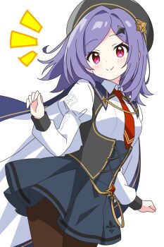 1girl black_hat blue_skirt blush brown_pantyhose closed_mouth collared_shirt commentary_request corset cowboy_shot dot_nose hand_up hat highres iris_(stella_sora) juliet_sleeves kotatsu-mazoku long_sleeves looking_at_viewer medium_hair necktie notice_lines pantyhose puffy_sleeves purple_hair red_eyes red_necktie shirt simple_background skirt smile solo stella_sora white_background white_shirt