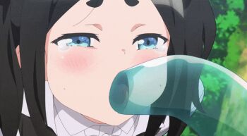 1girl animated animated_gif anime_screenshot black_hair black_vest blue_eyes blush cheek_bulge fellatio futoku_no_guild loli one_eye_closed open_mouth oral rape shirt short_eyebrows sidelocks slime slime_(creature) tearing_up thick_eyebrows tokishikko_dana tongue twintails vest white_shirt