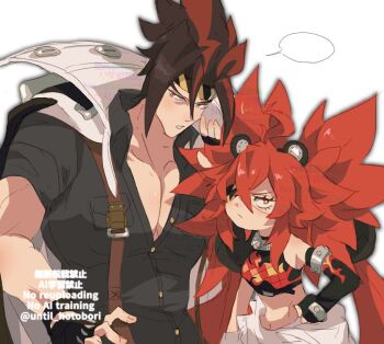 1boy 1girl ahoge animal_ear_hairband animal_ears anton_ivanov asymmetrical_gloves bare_shoulders bear_ear_hairband bear_ears black_gloves black_shirt blank_speech_bubble brown_hair coat coat_on_shoulders collar commentary_request crop_top crossed_bangs elbow_gloves eyepatch fake_animal_ears fingerless_gloves flame_print gloves hair_between_eyes hair_ornament hairband hand_on_own_hip headband jumpsuit jumpsuit_around_waist koleda_belobog long_hair looking_to_the_side metal_collar midriff muscular muscular_male navel parted_lips partially_unbuttoned pectorals red_eyes shirt single_elbow_glove speech_bubble sphere_hair_ornament spiked_hair striped_headband twintails uneven_gloves until_hotobori upper_body v-shaped_eyebrows white_coat yellow_headband zenless_zone_zero