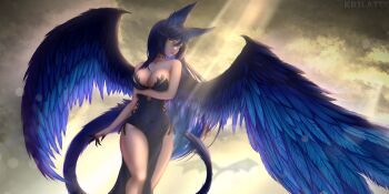 1girl absurdres bare_arms bare_legs bare_shoulders blue_dress blue_hair breasts china_dress chinese_clothes claws cloud cloudy_sky colored_extremities dragon_girl dragon_tail dress feathered_wings feathers gradient_skin highres indie_virtual_youtuber krilatiy_art leaf leg_grab legs light_rays long_hair looking_at_viewer lying medium_breasts navel sky solo sunbeam sunlight tail virtual_youtuber wings yellow_eyes yole_rawr(vtuber)