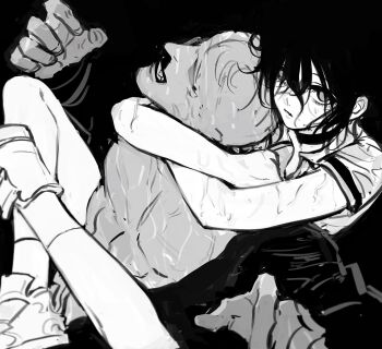 1boy 1girl chainsaw_man choker greyscale hair_between_eyes highres jacket mizu1202001 monochrome rear_naked_choke reze_(chainsaw_man) shirt typhoon_devil's_contractor_(chainsaw_man) wet wet_hair