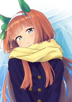 1girl animal_ears blue_background blue_coat blue_eyes blunt_bangs buttons closed_mouth coat commentary_request double-breasted ear_covers enpera hair_ornament hairband highres horse_ears horse_girl long_hair long_sleeves looking_at_viewer orange_hair scarf school_uniform silence_suzuka_(umamusume) smile solo tracen_school_uniform tracen_winter_coat two-tone_background umamusume upper_body white_background white_hairband yrouumkinnoaw
