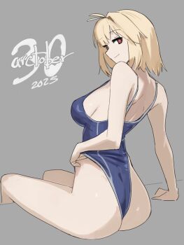 1girl absurdres antenna_hair arcueid_brunestud ass back blonde_hair breasts dated highres jonyeld looking_at_viewer medium_breasts one-piece_swimsuit red_eyes short_hair sideboob smile solo swimsuit tsukihime