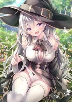 1girl :d arm_support black_cloak black_skirt blue_sky blush bow bow_panties breasts bug butterfly cleavage cloak cloud collared_shirt comiket_107 commentary_request day detached_sleeves flower grass grey_hair hair_between_eyes highres insect large_breasts looking_at_viewer meadow open_mouth original outdoors panties purple_eyes ryo_(botugo) shirt side-tie_panties sidelocks sitting skirt sky smile thighhighs tree underwear white_panties white_shirt white_thighhighs wide_sleeves witch