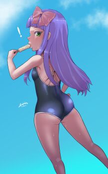 ! 1girl absurdres blue_sky bow breasts chloe_(yu-gi-oh!) cloud colored_eyebrows competition_school_swimsuit day eating food food_in_mouth from_behind green_eyes hair_bow hand_on_own_hip highres holding holding_food holding_popsicle kneepits lips long_hair looking_at_viewer looking_back popsicle popsicle_in_mouth purple_hair school_swimsuit sideboob sidelocks signature sky small_breasts solo sweat swimsuit underbutt yu-gi-oh! yu-gi-oh!_duel_links zeita
