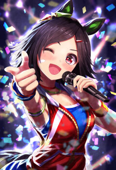 Rule 34 | 1girl, absurdres, animal ears, bandaid, bandaid on cheek, bandaid on face, bandeau, black hair, blue bandeau, blue skirt, blue tube top, blush, breasts, commentary request, confetti, highres, holding, holding microphone, horse ears, horse girl, jacket, large breasts, looking at viewer, microphone, one eye closed, open mouth, pointing, pointing at viewer, red eyes, red jacket, short hair, skirt, sleeveless, sleeveless jacket, smile, solo, strapless, swept bangs, tube top, umamusume, winning ticket (get to winning!) (umamusume), winning ticket (umamusume), ya-ya