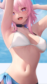 1girl absurdres armpits arms_up bare_arms bikini black_choker blue_eyes blue_jacket blue_ribbon blue_sky breasts choker clothes_around_waist cloud cloudy_sky gradient_clothes gradient_jacket gradient_ribbon hair_between_eyes highres holding honkai:_star_rail honkai_(series) jacket jacket_around_waist looking_at_viewer march_7th_(honkai:_star_rail) medium_breasts multicolored_eyes navel open_mouth pink_eyes pink_hair pink_jacket pink_ribbon ribbon ribbon_earrings shirafuji_ene sky smile solo stomach sublime sweat swimsuit teeth tied_jacket tongue two-tone_eyes upper_teeth_only wet wet_hair white_bikini