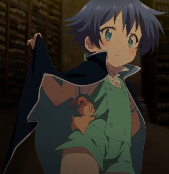 1boy :3 blue_eyes blue_hair grim_(dai_nana_oji) highres lloyd_de_saloum male_focus micro_shorts screencap shirt shorts tagme tensei_shitara_dai_nana_oji_datta_no_de:_kimama_ni_majutsu_o_kiwamemasu thick_thighs thighs third-party_edit trap white_shirt wide_hips