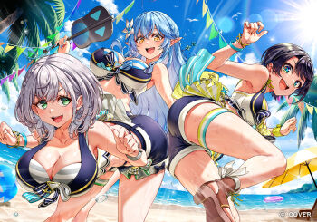 Rule 34 | 3girls, :d, ahoge, ass, beach, bikini, bikini bottom under shorts, bikini under clothes, black hair, blue eyes, blue hair, blue shorts, blue sky, boots, braid, breasts, brown hair, buru-dai, butt sumo, cleavage, cloud, commentary request, crossed bangs, day, double-parted bangs, elf, flower, front-tie bikini top, front-tie top, green eyes, grey hair, hair between eyes, hair flower, hair ornament, half up braid, heart, heart ahoge, high heels, highleg, highleg bikini, hololive, hololive summer 2023 swimsuit, large breasts, layered bikini, long hair, multicolored hair, multiple girls, ocean, official alternate costume, official art, oozora subaru, open-toe boots, open mouth, outdoors, pointy ears, shirogane noel, shoe soles, short hair, short shorts, shorts, side braid, sky, smile, snowflake hair ornament, streaked hair, striped bikini, striped clothes, swept bangs, swimsuit, thigh strap, very long hair, virtual youtuber, wavy hair, white bikini, yellow eyes, yukihana lamy