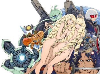 2girls 3boys absurdres blonde_hair blue_eyes blue_hair breasts commentary_request completely_nude convenient_censoring dianna_soreil drill_hair evil_eyes grey_hair gun gundam gym_ghingnham harry_ord highres holding holding_gun holding_sword holding_weapon katana kihel_heim large_breasts long_hair loran_cehack mahiroo mecha mobile_suit moon multiple_boys multiple_girls navel nude official_art purple_hair robot space sunglasses sword turn_a_gundam turn_a_gundam_(mobile_suit) turn_x very_long_hair weapon yasuda_akira