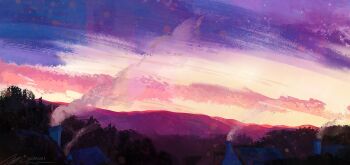 chimney from_below house landscape mountainous_horizon no_humans original outdoors painterly scenery silhouette sky smoke star_(sky) starry_sky sunset tree village zandra