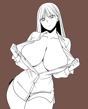 1girl absurdres breasts brown_background greenb highres large_breasts long_hair looking_at_viewer monochrome original partially_open_jacket solo standing undressing