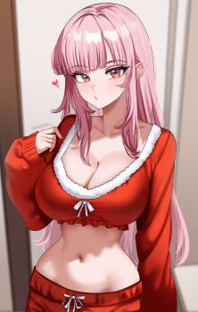 1girl absurdres alternate_costume blunt_bangs blurry blurry_background breasts cleavage cropped_shirt fur-trimmed_shirt fur_trim helldeer highres hololive hololive_english indoors large_breasts long_hair long_sleeves looking_at_viewer midriff mori_calliope navel pants pink_eyes pink_hair red_pants red_shirt shirt sidelocks solo straight_hair virtual_youtuber