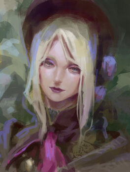 1girl blonde_hair bloodborne blue_eyes closed_mouth colored_eyelashes flower fromsoftware hat kazo_(kazozakazo) lipstick long_hair looking_at_viewer makeup plain_doll solo swept_bangs