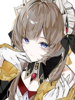 1girl black_bow black_collar blue_eyes bonnet bow brown_hair closed_mouth collar detached_collar frilled_sleeves frills gem genshin_impact gloves hair_intakes hashtag-only_commentary highres long_hair long_sleeves looking_at_viewer red_gem sandrone_(genshin_impact) simple_background solo upper_body v_uo0zzz white_background white_gloves