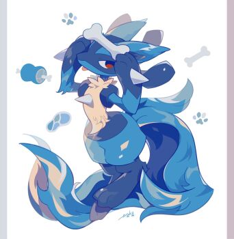 auko bone food full_body furry gen_4_pokemon highres lucario meat nintendo pokemon pokemon_(creature) red_eyes solo spikes tail tongue tongue_out