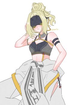 1girl absurdres arm_strap ashimi_fugo bare_shoulders blindfold_mask blonde_hair cargo_pants closed_mouth clothing_cutout covered_eyes glowing_mask hand_in_pocket hand_on_own_head highres jacket mask midriff pants side_cutout solo sports_bra sportswear stomach thigh_cutout tied_jacket trigger_(zenless_zone_zero) white_background zenless_zone_zero
