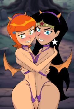 2girls ben_10 black_hair blue_eyes blush cosplay dc_comics demon_girl green_eyes gwen_tennyson hi_valker highres hug justice_league light_smile loli looking_at_viewer multiple_girls orange_hair smile wonder_woman