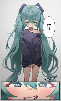 1girl aged_down aqua_eyes aqua_hair artist_name black_sweater closed_eyes commentary cowboy_shot english_commentary english_text grin hatsune_miku heart heart-shaped_pupils highres long_hair mesugaki naughty_face off-shoulder_sweater off_shoulder oversized_clothes sleeves_past_wrists smile solo speech_bubble standing sweater sydus symbol-shaped_pupils thighs twintails twitter_username very_long_hair vocaloid