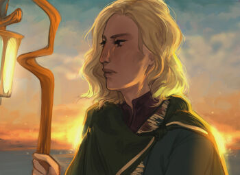 1boy arrapso backlighting black_eyes blonde_hair cloak coat green_cloak green_coat highres holding holding_staff horizon lake_of_voices lantern looking_to_the_side male_focus non-web_source official_art red_shirt shirt short_hair solo staff sunrise the_guide_(lake_of_voices) upper_body wavy_hair