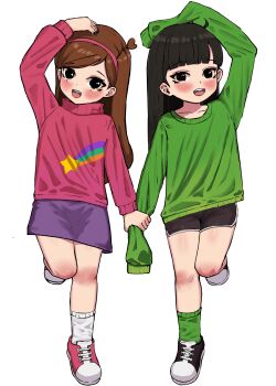 2girls arm_up black_footwear black_hair black_shorts blush braces brown_eyes brown_hair codename:_kids_next_door crossover full_body gravity_falls green_socks green_sweater hairband hand_on_own_head highres holding_hands kitavana leg_up legs long_hair mabel_pines miniskirt multiple_girls numbuh_3 open_mouth pink_shoes pink_sweater purple_skirt shoes short_shorts shorts skirt sleeves_past_wrists smile socks standing standing_on_one_leg sweater thighs white_socks