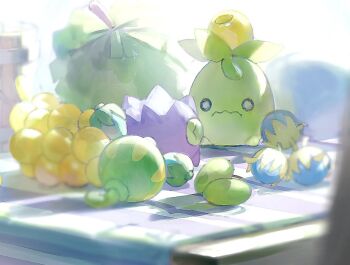 aguav_berry berry_(pokemon) black_eyes blurry bright_pupils closed_mouth commentary_request durin_berry nintendo no_humans o_o pokemon pokemon_(creature) shibano_1103 sitting smoliv solo wavy_mouth white_pupils wiki_berry