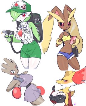 4girls animal_ear_fluff animal_ears animal_nose backpack bag bare_shoulders baseball_cap black-framed_eyewear black_bra black_choker black_sclera blue_eyes blue_shorts blush bob_cut body_fur boxing_gloves bra breast_pocket breasts brown_fur buttons cellphone choker cigarette cleavage closed_mouth collared_shirt colored_sclera colored_skin cowboy_shot crop_top cropped_legs delphox dress fang female_focus finger_on_trigger flat_chest fox_ears fox_girl fur-trimmed_shorts fur_trim furry furry_female gardevoir gen_1_pokemon gen_3_pokemon gen_4_pokemon gen_6_pokemon glasses gloves green_hair green_hat green_shorts green_skin hair_over_one_eye half-closed_eyes hands_up happy hat heineken high-waist_shorts hitmonchan holding holding_phone id_card jaggy_lines kozatchu lace lace-trimmed_bra lace_trim large_breasts light_blush long_animal_ears looking_at_viewer looking_down lopunny makeup micro_shorts mouth_hold multicolored_fur multicolored_skin multiple_girls nintendo one_eye_covered open_fly open_mouth phone pince-nez pocket poke_ball_symbol pokemon pokemon_(creature) purple_dress rabbit_ears rabbit_girl red_eyes red_fur red_gloves runny_makeup sash scratches shirt shirt_tucked_in short_dress short_hair short_shorts shorts shoulder_bag simple_background sleeveless sleeveless_shirt smartphone smile smoke smoking snout spaghetti_strap standing star_(symbol) stomach sweat teeth two-tone_fur two-tone_skin underwear white_background white_fur white_shirt white_skin yellow_fur yellow_shirt